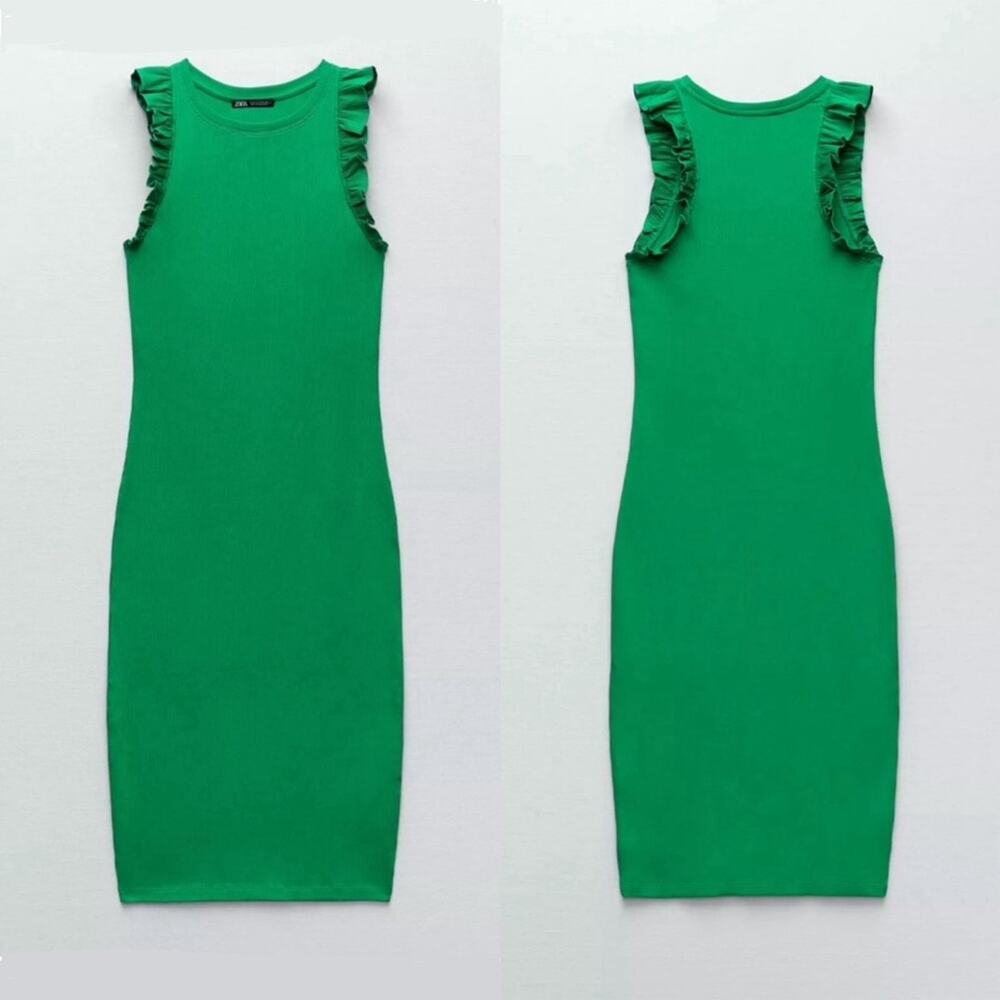 NWT Zara Sleeveless Ribbed Midi Dress With Ruffle Detail in Green sz XS